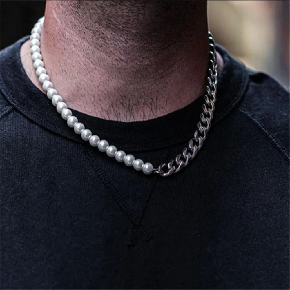 Splicing No Fade Silver Gold Plated Pearl Bracelet Necklace Stainless Steel Pearl Beaded Cuban Chains Necklace for Men