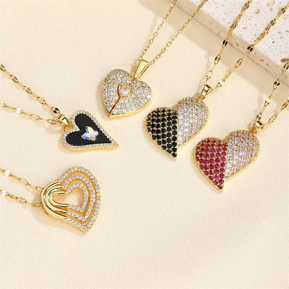 Custom Non Fading Colorful Heart Shaped Zircon Inlaid 316L Stainless Steel Link Chain Jewelry Pendant Necklaces For Ladies