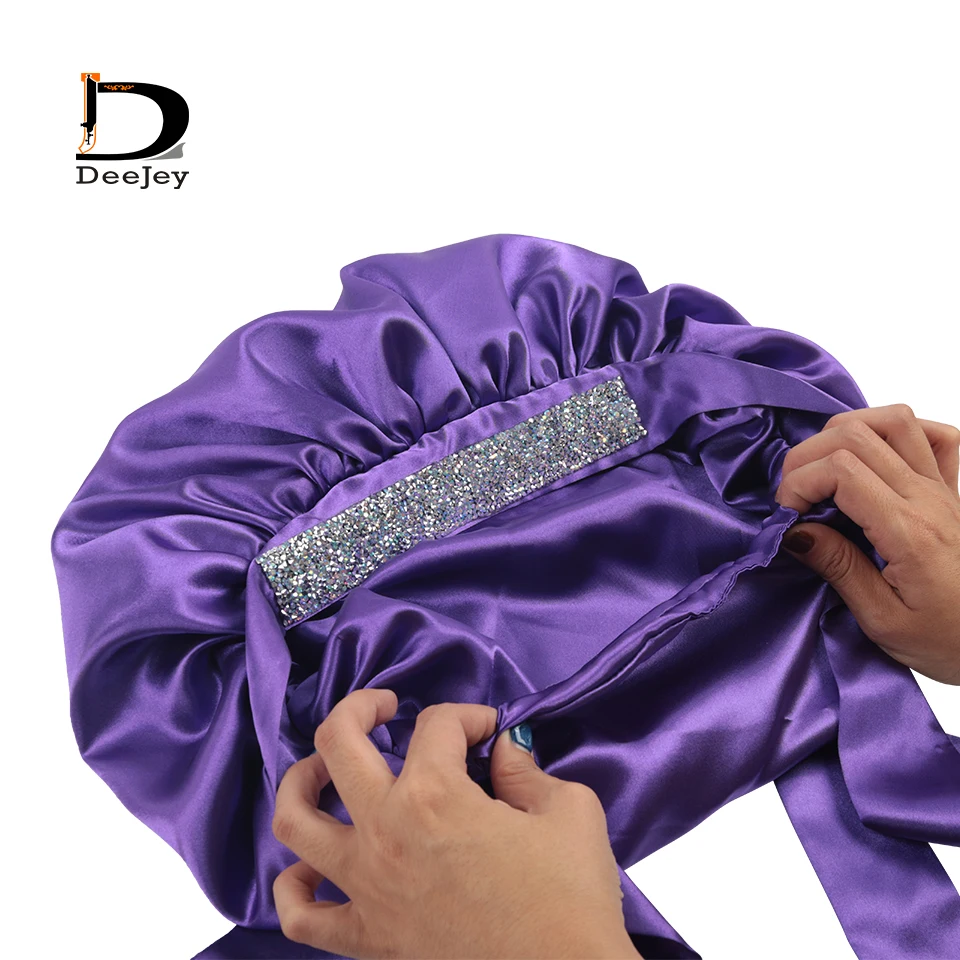 Custom Logo Glitter Diamond Satin Bonnets with Rhinestone Band Double Layer Bonnets and Satin Hair Edge Wraps