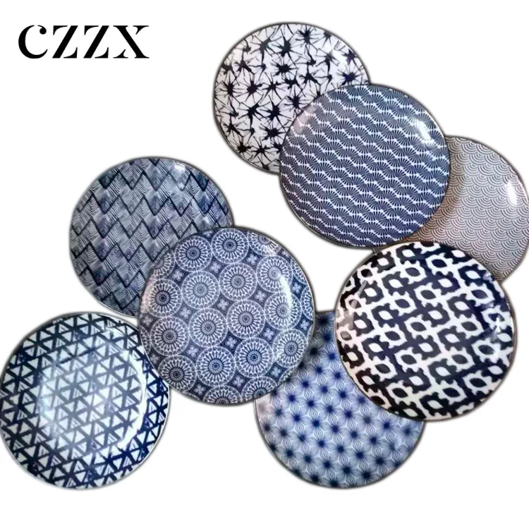 Japanese style daily creative tableware sushi salad dessert geometric pattern round ceramic plate for hotel home restaurant