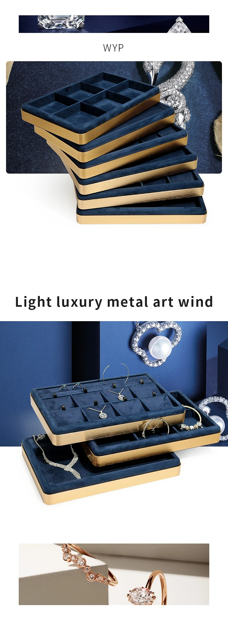 Wholesale blue suede leather necklaces earrings bracelets rings display jewelry tray