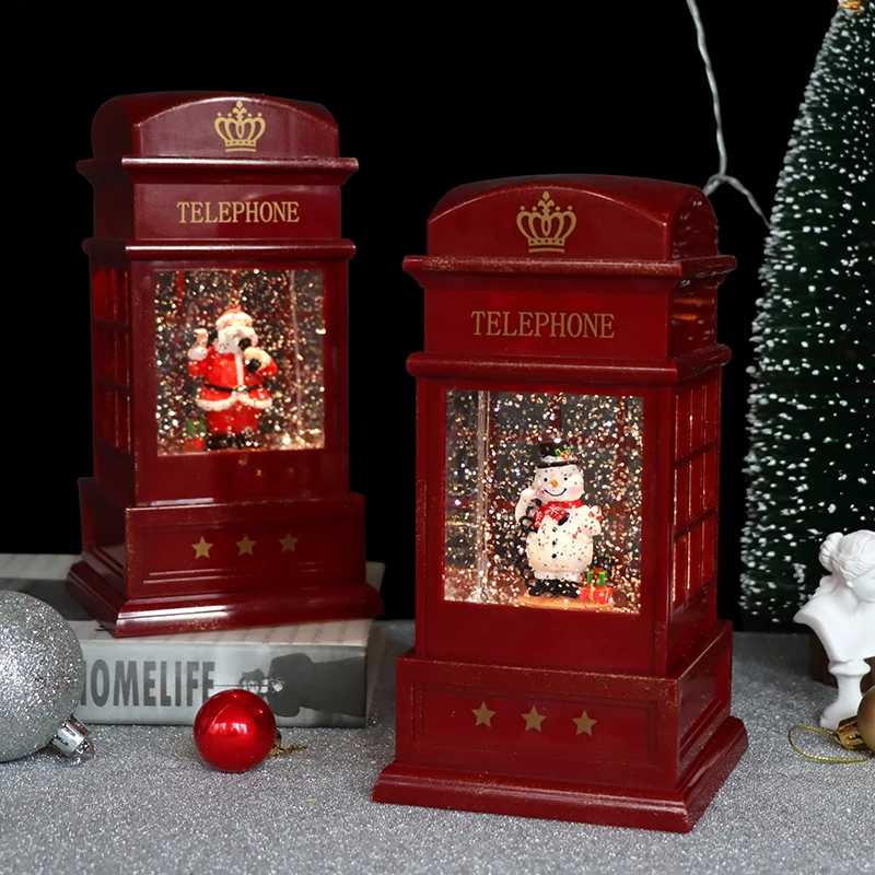 Phone Booth Swirling LED  Water Glittering Musical Battery Operated Festival Ornament for Christmas snowman and santa claus