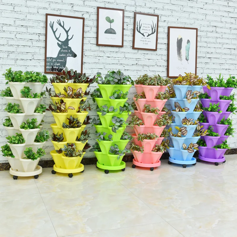 5 Tier Vertical Garden Planter Smart Planting Tray for Home with Movable Wheels Stackable Pot for Vegetables Flowers Plastic