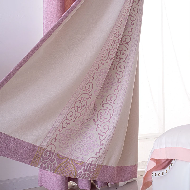 
High shading luxury linen pink embroidered textured blackout european style window curtain for bedroom 