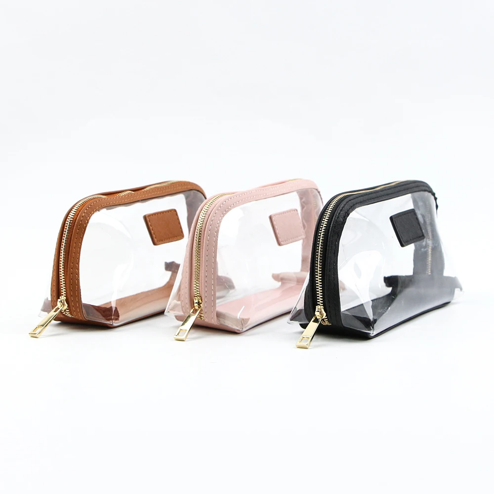Wholesale New Trendy Designer Pink Brown Black PU Leather And Clear PVC Makeup Cosmetic Pouch Bag With Metal Zipper For Women