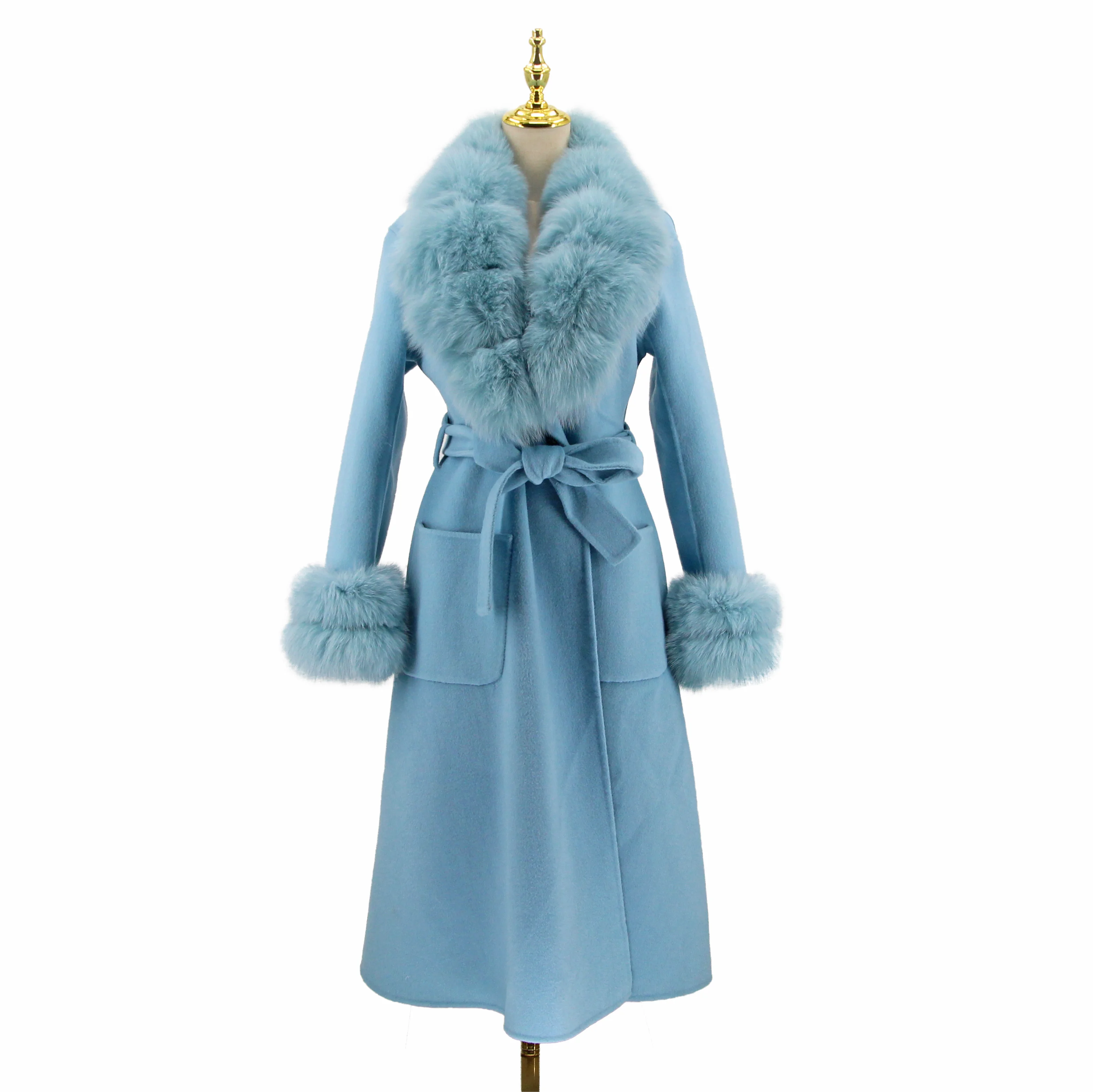 QIUCHEN QC21046 winter women high quality blue woolen long cashmere jacket with fox fur collar cuffs wool coat