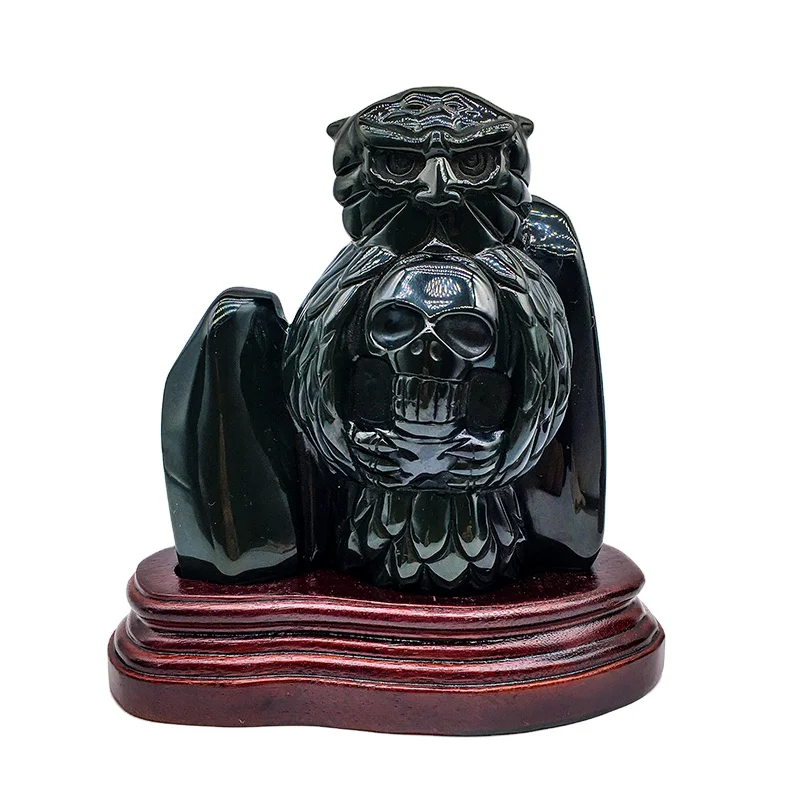 New arrival natural crystal rainbow obsidian owl carving polished obsidian skulls with customise stand for decoration