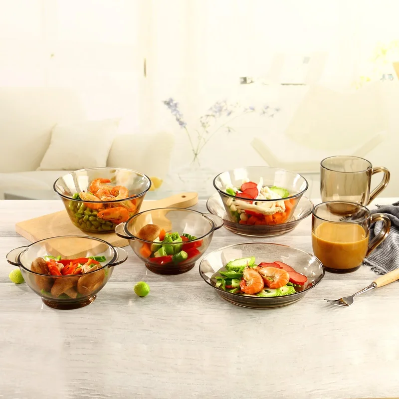 Low MOQ color spray dish plate dinner bowl tea mug water cups dinnerware set various glass dinner set