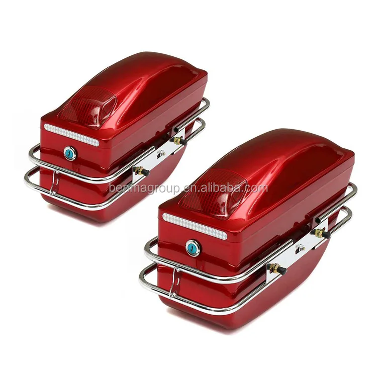 1 Pair Universal Motorcycle Side Boxs Luggage Tank Tail Tool Bag Hard Case Saddle Bags With LED light
