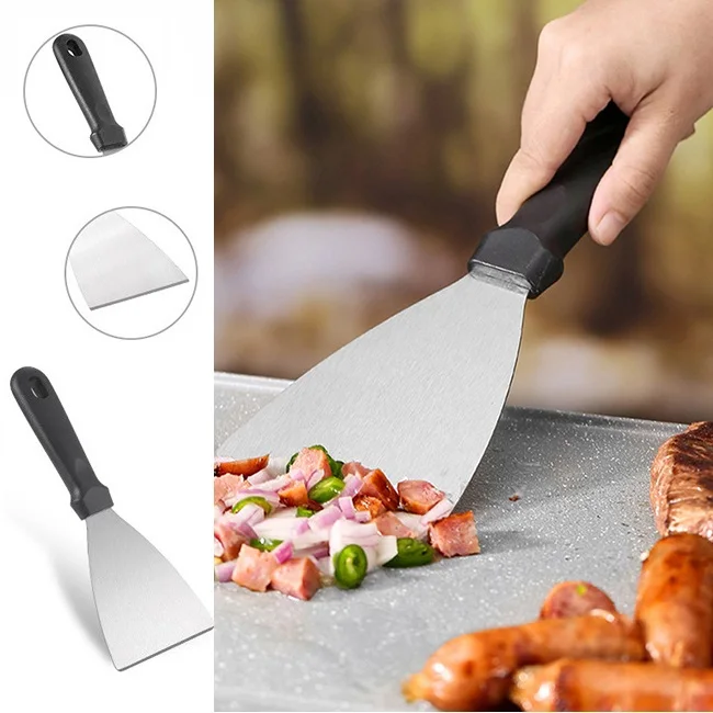 BBQ Grill Kitchen Steel Steak Frying Turner With Plastic Handle Scraper With Cutting Edge,Pizza & Pancake Shovel,Fish Spatula,
