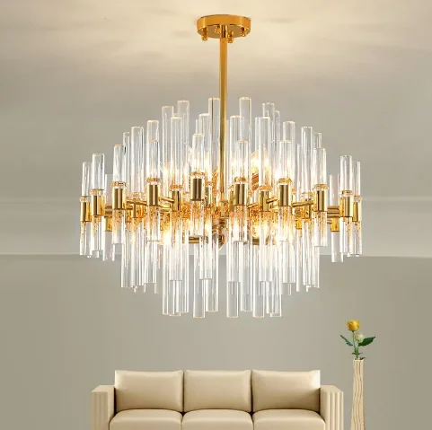 Modern simple luxury living room lobby golden chandelier glass tube villa chandelier