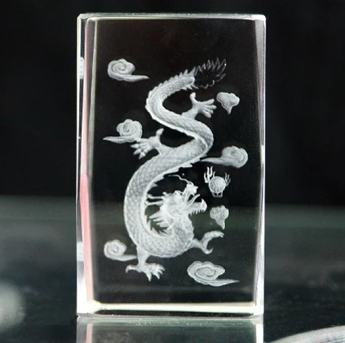 Etched Dragon Crystal Block paperweight MH-F0165