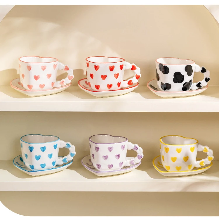 Creative Cute Girl Water Cup Fresh Hand Painted Pink Love Coffee Cups And Dish Underglaze Peach Heart Ceramic Mug And Dish Set