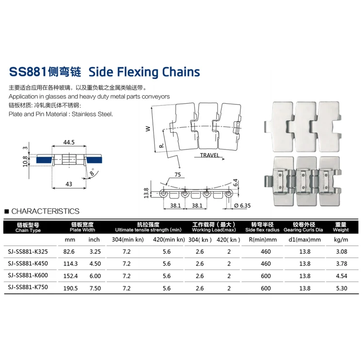 FACTORY DIRECTLY SS881TAB  stainless steel  side flexible chain for conveyor system in glasses and heavy industry