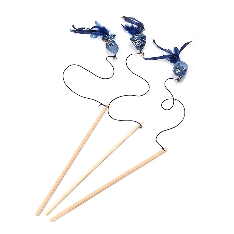 new jean material  Exercise Play Fun Interactive Pet Chaser Teaser Wire Cat Toy Feather Wand