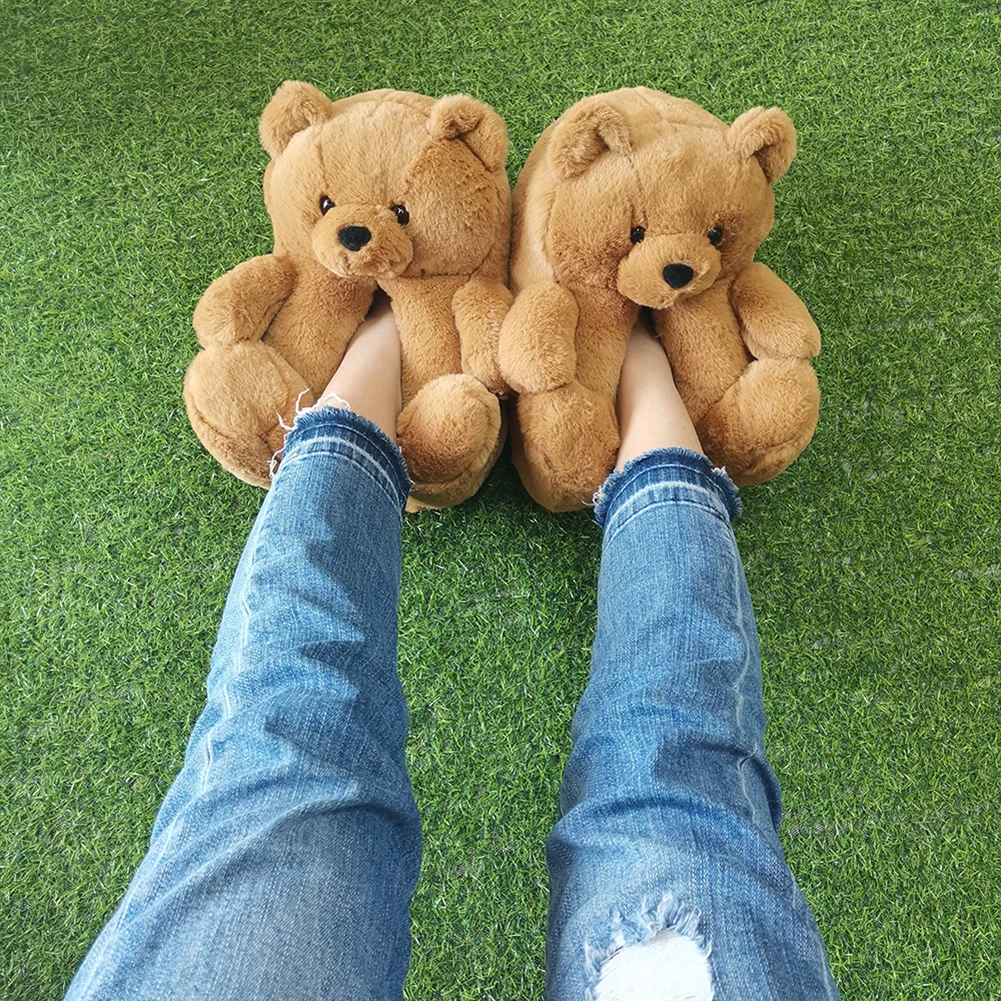 J9977 Drop Shipping Women Home Indoor Soft anti-slip Faux Fur Cute Slippers Winter Warm Shoes Cartoon Teddy Bear Slippers