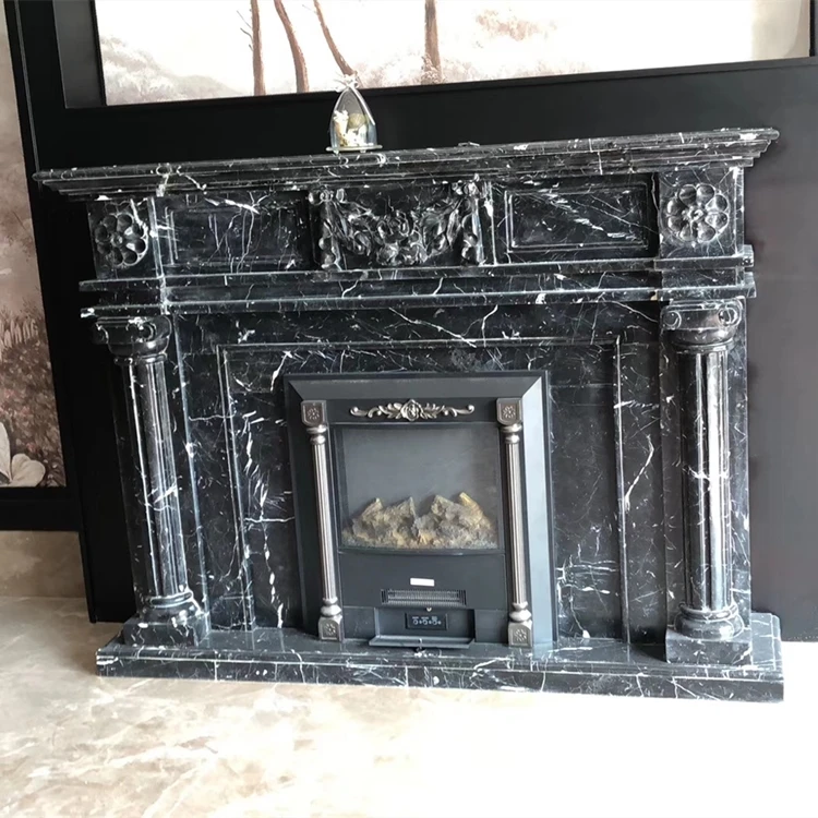 White Stripe in Black Black Marquina Nero Margiua Nero Oriental Marquina Marble Stone Fireplace Frames Mantel Chimney-piece