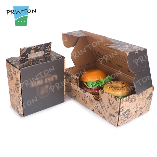 Disposable Customize black take out cardboard corrugated paper fast food packaging for fried chicken hamburger burger bo