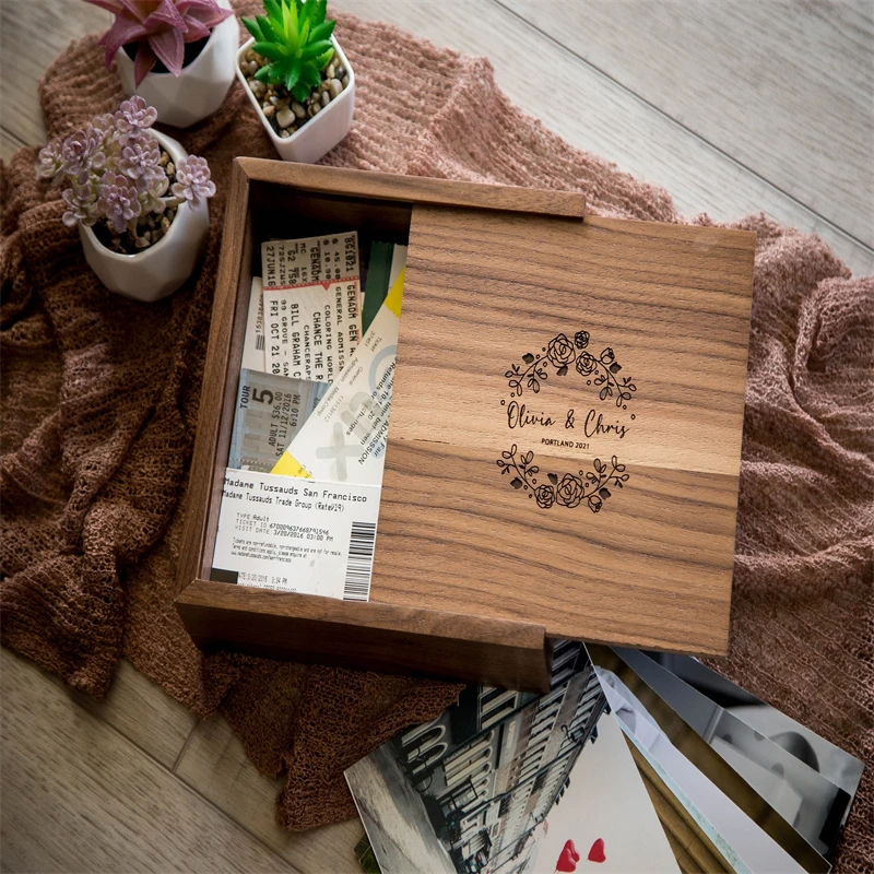 Custom Wholesale Personalized Engraved Wood Keepsake Box Walnut Wood Box With Sliding Lid Wooden Box