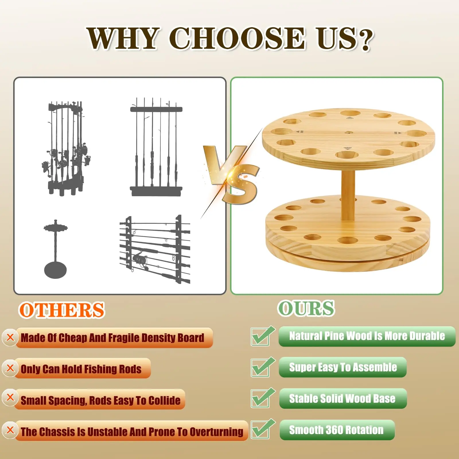 Hot Sale Vertical Wooden Stand 360 Degree Rotating Round Floor Holds up to 12 Rods Fishing Pole Rack Rod Holder Organizer Garage