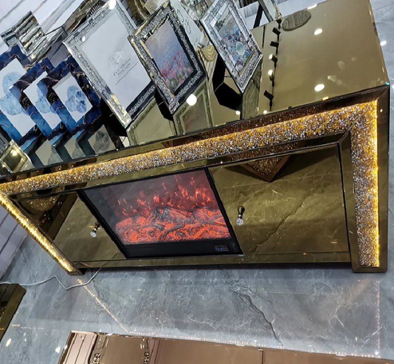 Luxury Crushed Diamond Mirrored TV Stand LED Fireplace Sparkling Living Room Furniture Home Office Hall Workshop Entry Laundry