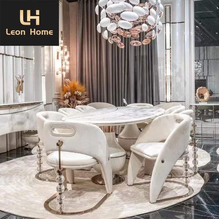 Luxury custom new design wooden oval shape dining table furniture with 8 chair dining table set for villa dining room