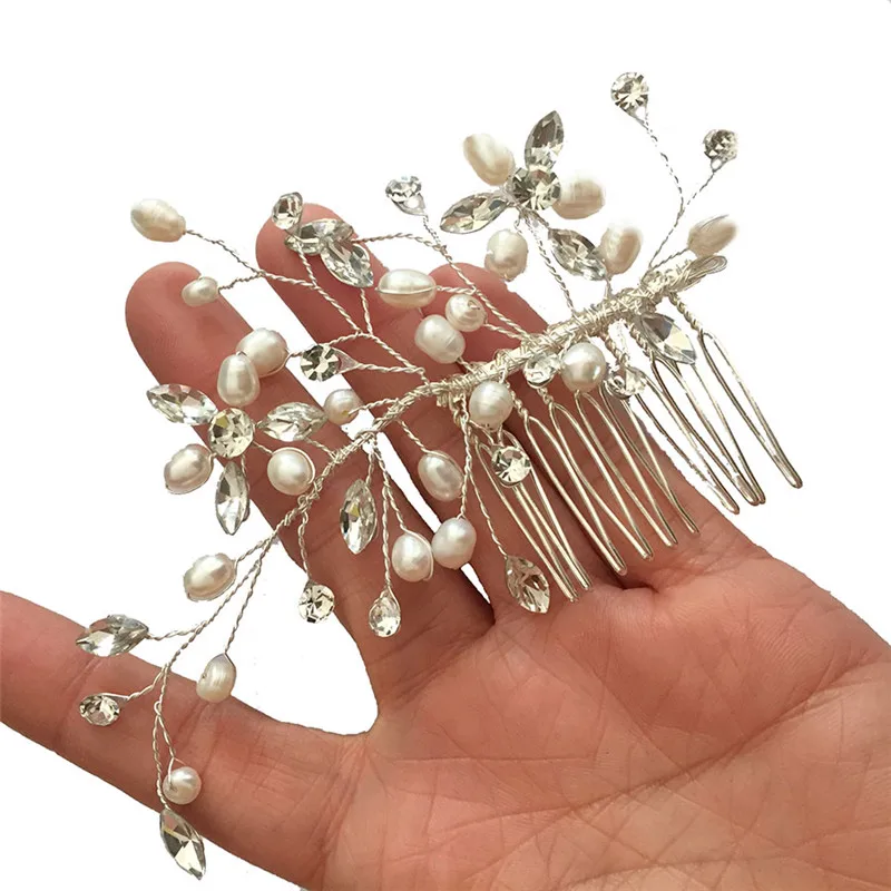 RE3839 Fresh water pearl bridal hair comb handmade rhinestone flower wedding hair piece hair barrette