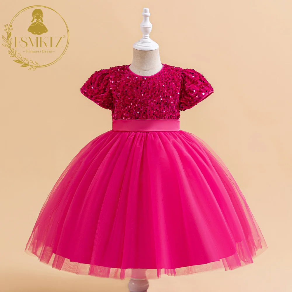 FSMKTZ Kids Party Wear Dresses For Girls Garment Children Summer Clothes Sequin Costume Birthday Toddler Girls Flower Dresses
