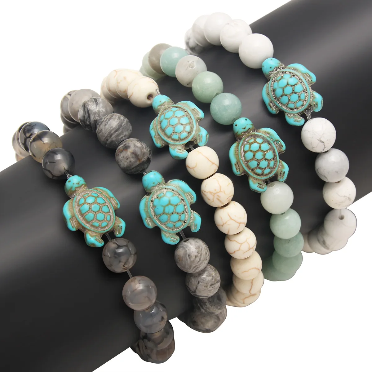 8mm Ocean Animals Summer Style Sea Turtle Synthetic White Pine Volcanic Stone Blue Pine Turquoise Nature Stone Bead Bracelet