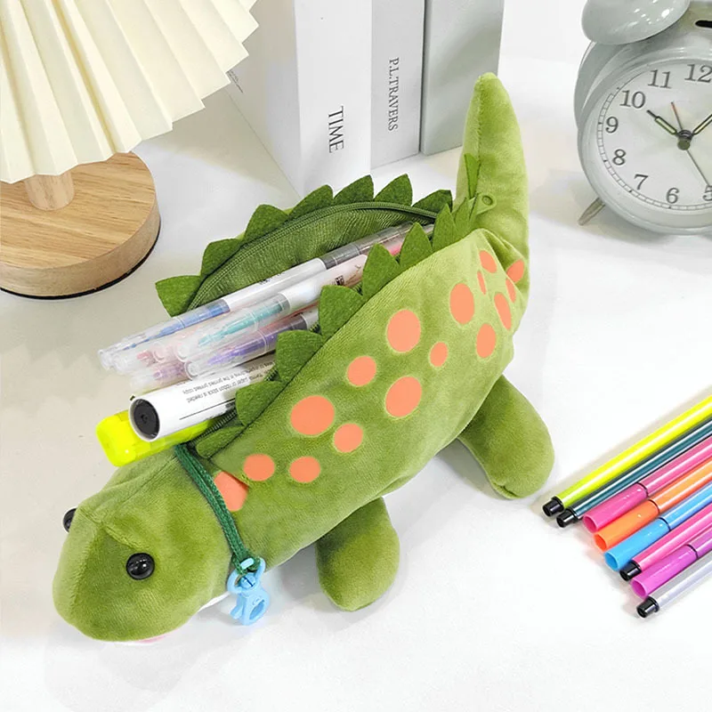 Creative Dinosaur Shaped Plush Pencil Case School Students Durable Cartoon Stationery Cases Larger Capacity Pencil Bag