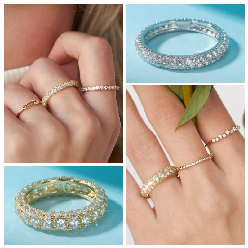 SR-3 RINNTIN 14K Gold Eternity Bands 925 Sterling Silver CZ Simulated Diamond Stackable Ring Wedding Band for Women