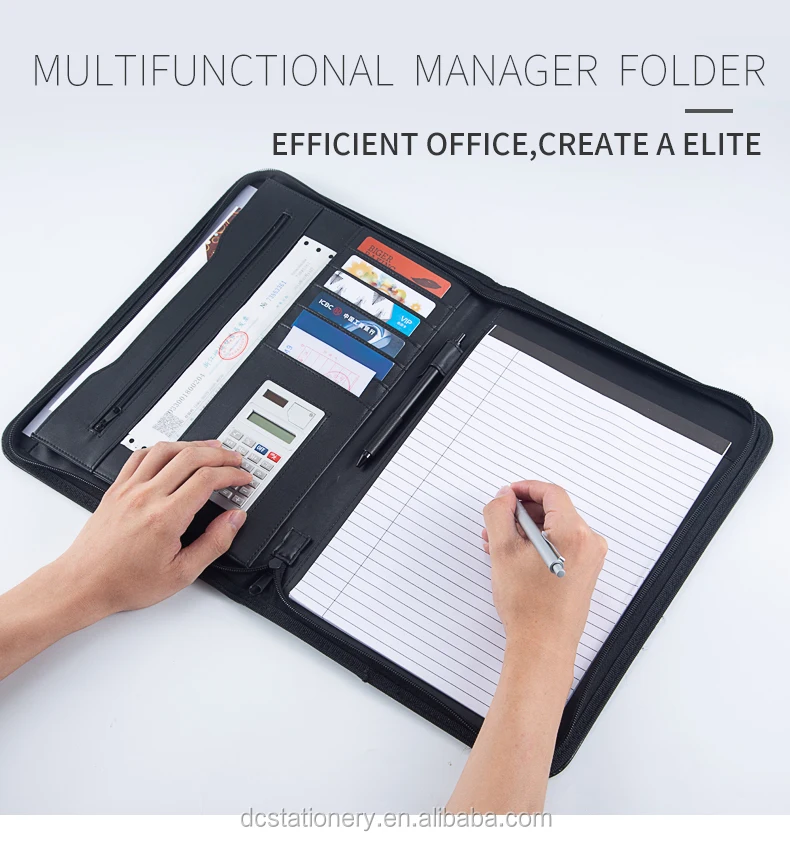 Fashion Leather Business Folder Portfolio Bag A4 Brown File Folder Organizer Full Zipper Closure Padfolio