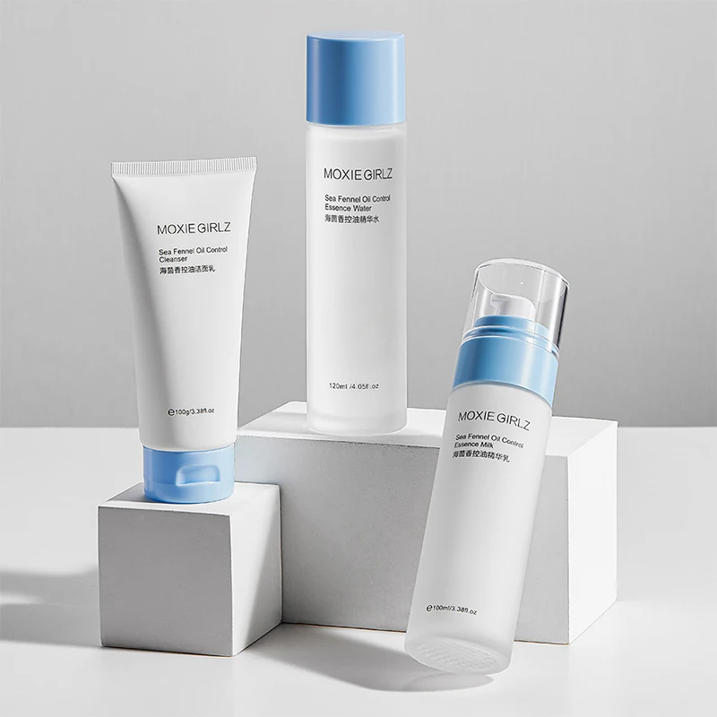 Private Label Organic Sea Fennel Essence Oil Control Cleanser Toner Essence Milk 3 Pieces Skin Care Set