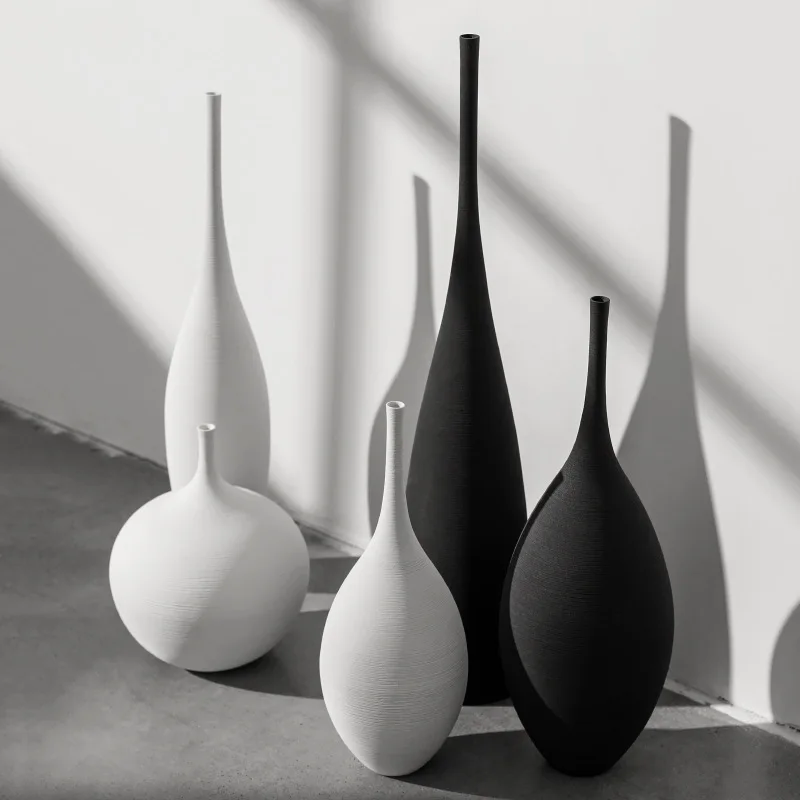 Modern simple Handmade Art Zen Vase large home decor black and white round ceramic small mouth floor vase