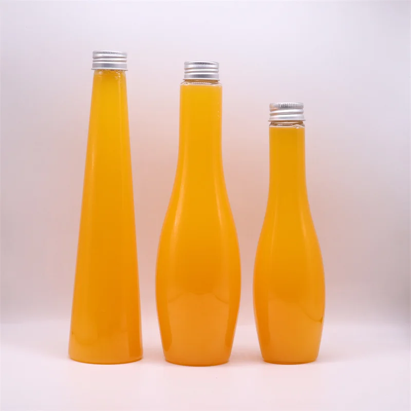 MAYSURE 350ml Cone Shape Long Neck Plastic Bottles Tall Slim Beverage Juice Plastic Bottle with Metal Screw Cap