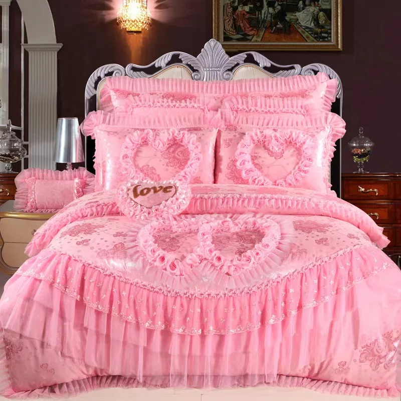 Korean style Jacquard Lace Princess Pink Bridal Bedding Set with Heart Pillows for Wedding