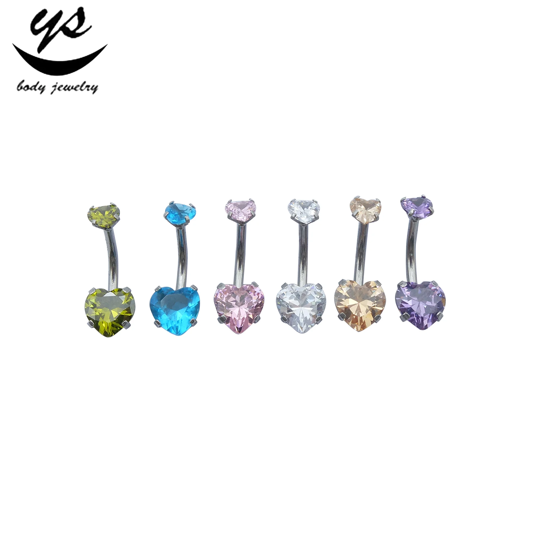 Stainless steel internally thread heart zircon belly rings surgical steel