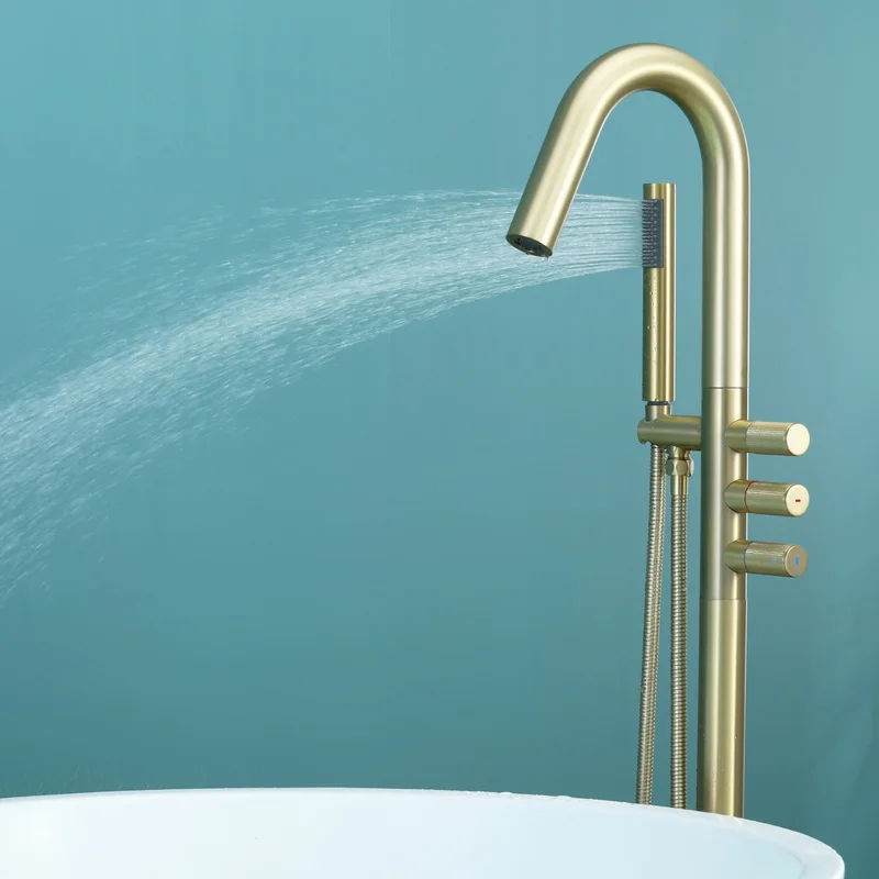 59% solid Brass Floor Mount Stand Freestanding Brushed Gold Rotating Bathtub Tub shower filter Faucet with hand shower sprayer