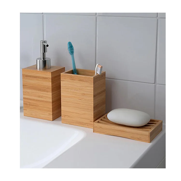 Eco Friendly Bamboo Wood 3-Piece Soap Tray Dispenser Bathroom Accessories Set