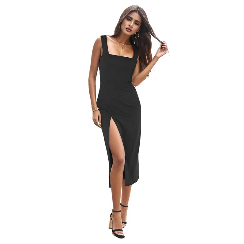 Alike Spring Women Sexy Round Neck Solid Slimming Hem Ruched Drawstring Sleeveless Split Tank Long Dress