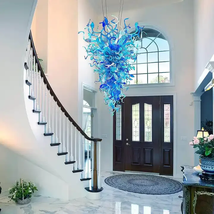 Customized Hotel Pendant Light Blue Colored Modern Luxury Art Blown Glass chihuly style unique design large glass chandelier