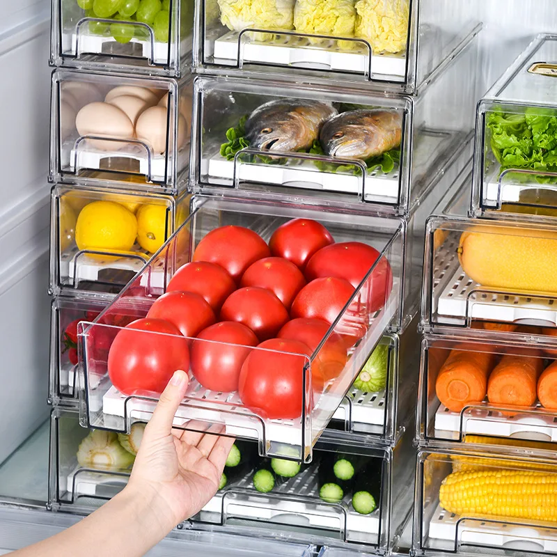 Wholesale Pull Out Fridge Vegetable Fruit Seafood Egg Organizer Drawers Clear Refrigerator Storage Box Bins with Draining Tray