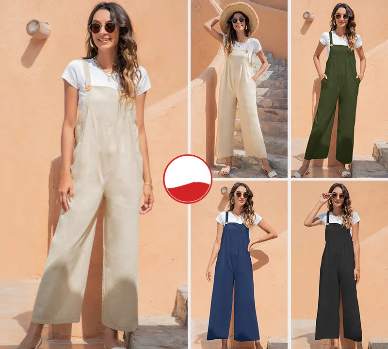 2022 new arrival summer ladies vintage cami jumpsuit female solid suspender long straight leg pants women casual loose jumpsuits