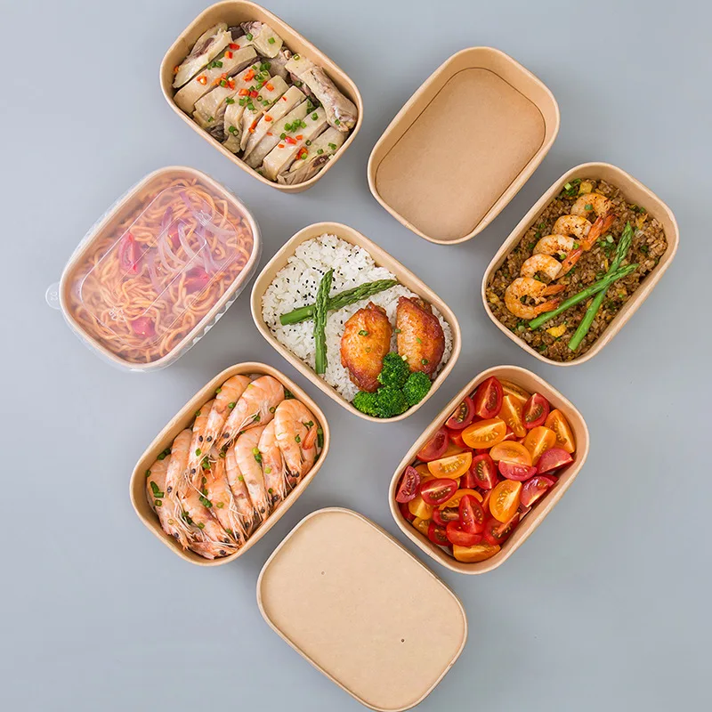 Disposable kraft paper square rectangular box takeaway lunch snack box green salad packaging bowl with cover.