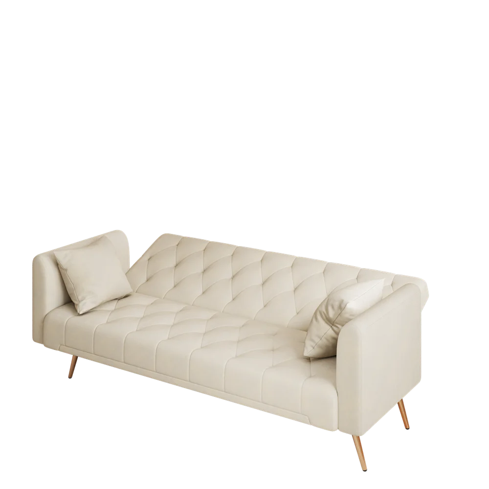 Custom Manufacturer Beige Velvet Three-Seat Sofa Come Bed with Two Throw Pillows Couches Luxury Living Room Sofa for Bedroom