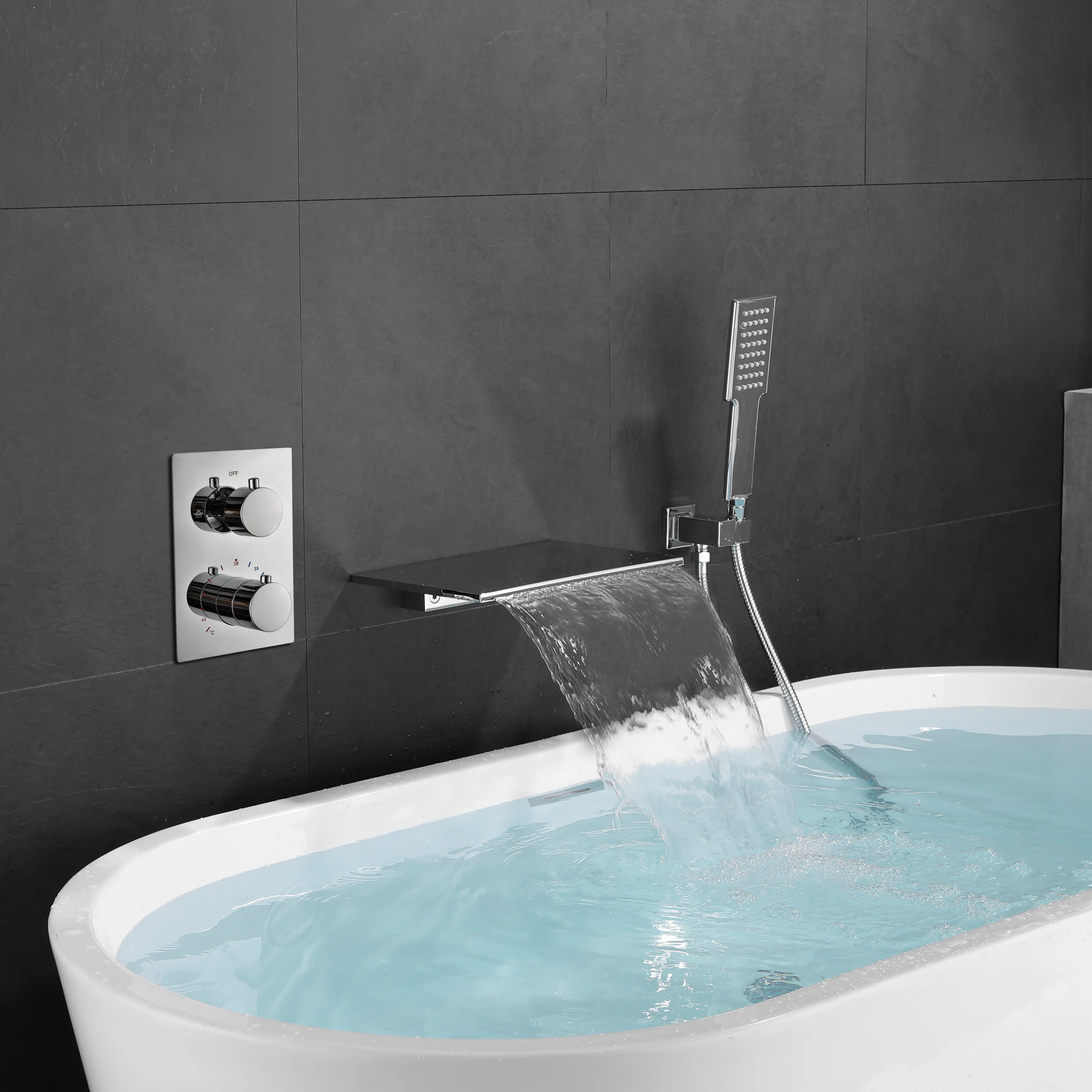 Embedded Wall-mounted Bathtub Tap, Elegant Gold Finish, Waterfall Flow, Includes Handheld Showerhead, Temperature Control