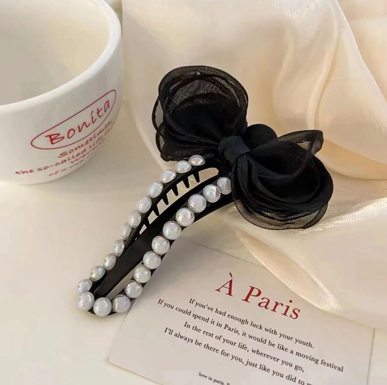 2023 South Korea Dongdaemun Bow ins Pearl back head hair clip net red plate hair duck beak clip large mesh gauze grab clip