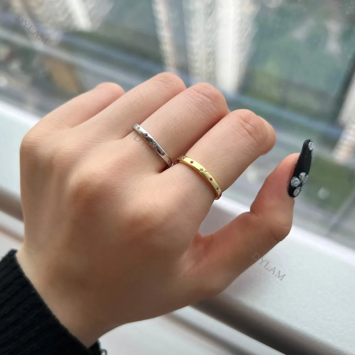 Dylam Classic Full Color Zircon 18k Gold Plated Cubic Zirconia Inlayed Colorful Star Shiny Dome Statement Fine Rings Girls