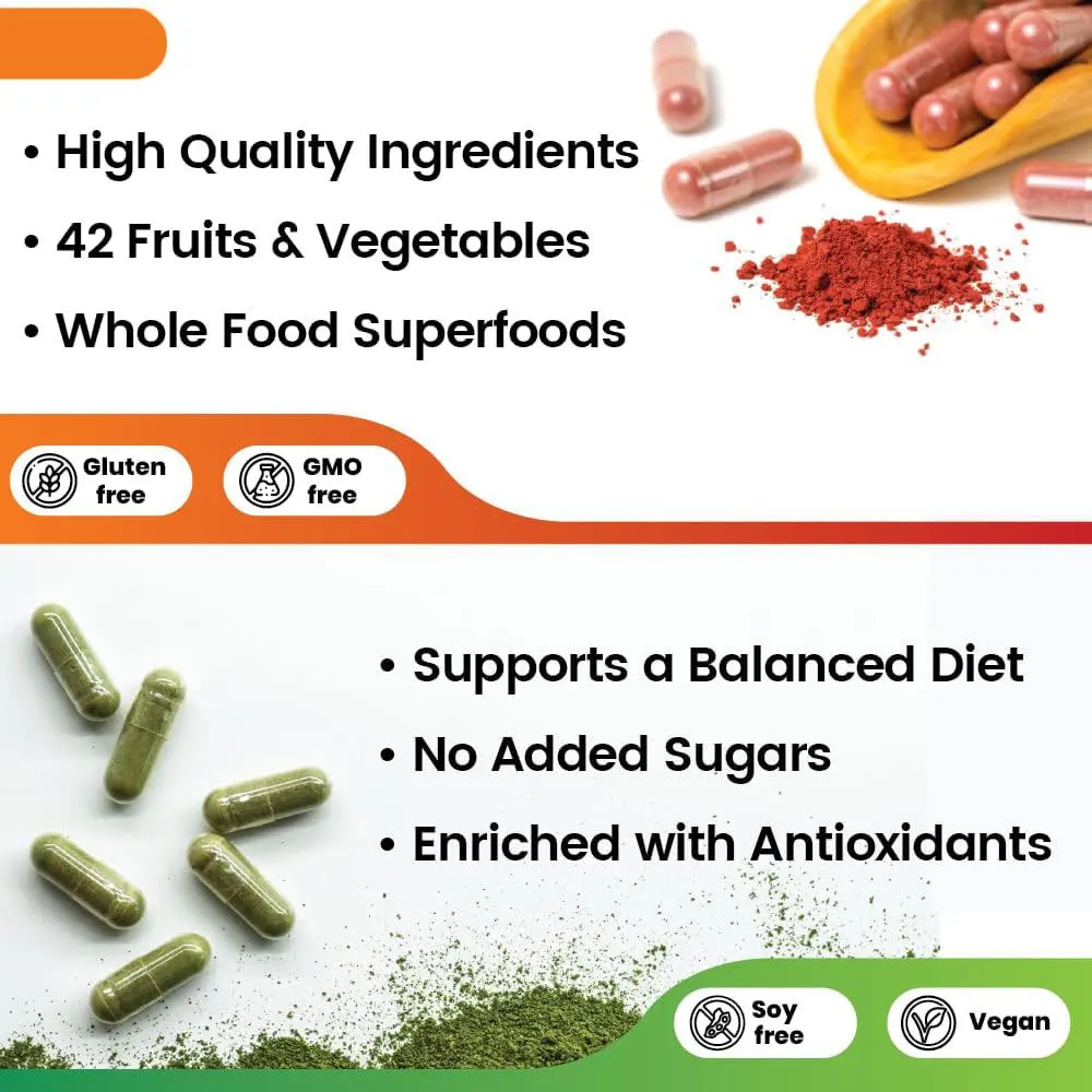 Fruit and vegetable capsules Supports a Balanced Diet No Added Sugars Enriched with Antioxidants