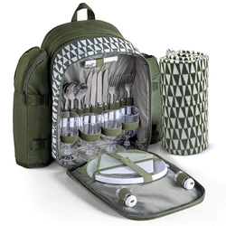 Wholesale Picnic Backpack 4 person with Insulated Cooler Compartment - Green (4 Person)